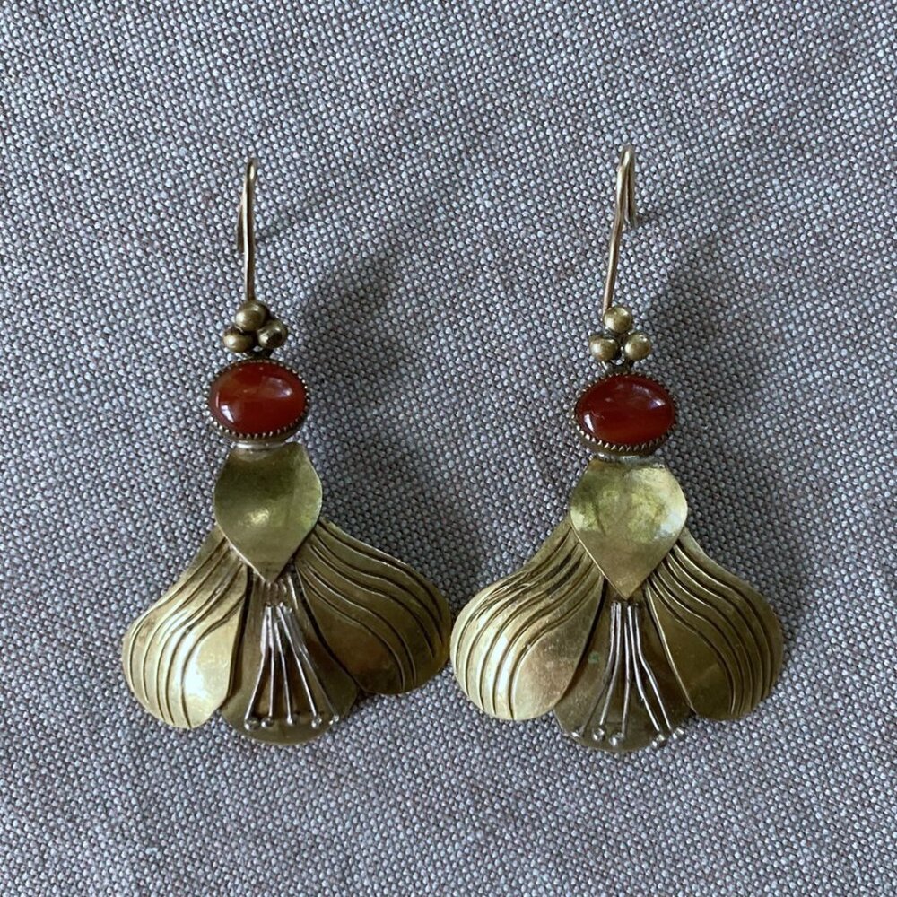 Vintage Brass & Carnelian Earrings, Artisan Modernist, Egyptian Revival Art Deco